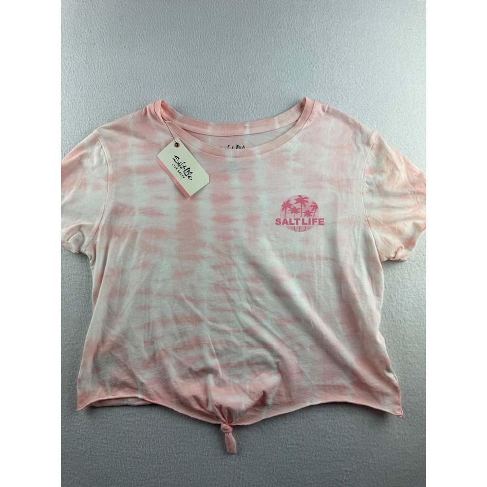 Salt Life Womens Pink Tie Dye Crop Top Tie Front Palm Tree Graphic Medium NWT